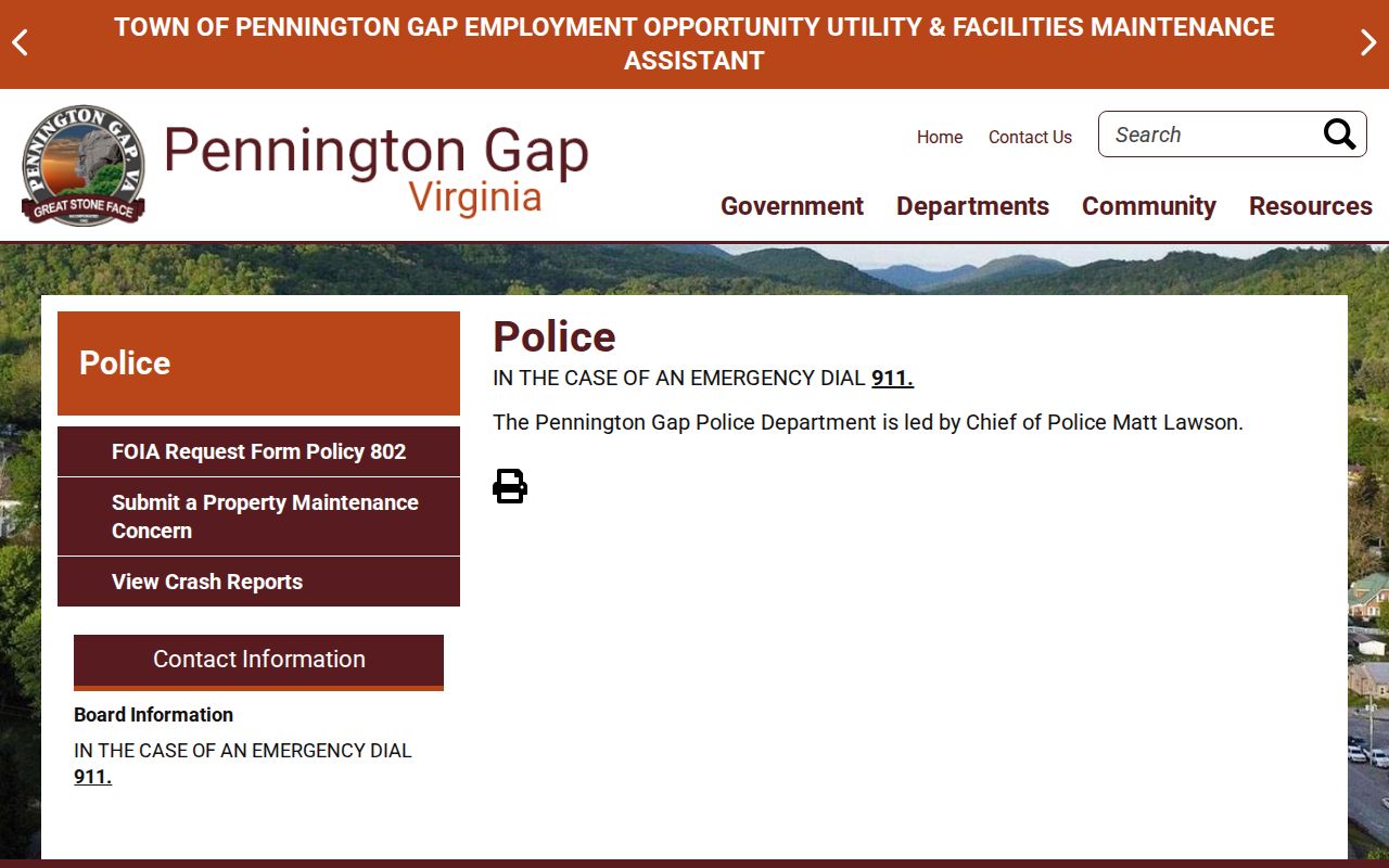 Pennington Gap Police Department official contact page for arrest-record requests