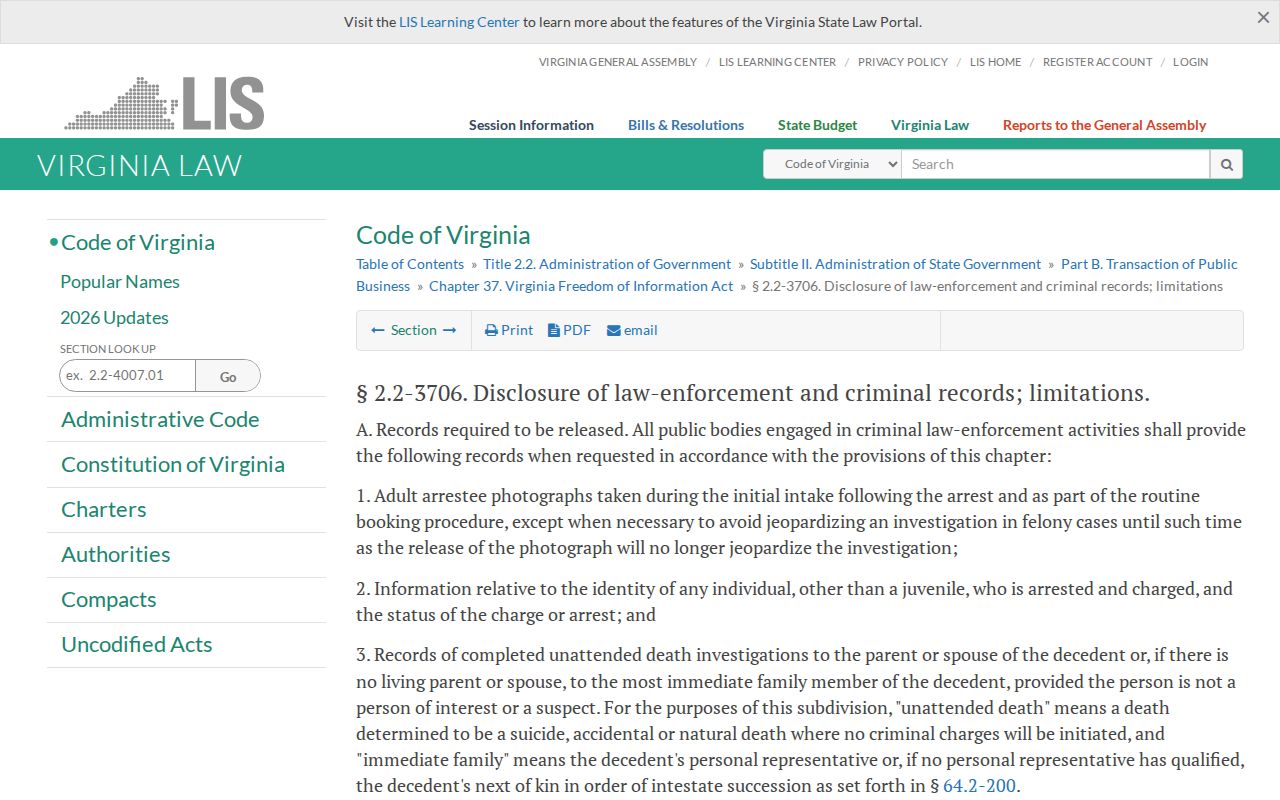 Virginia adult booking photo and arrestee record law for Lee County requests